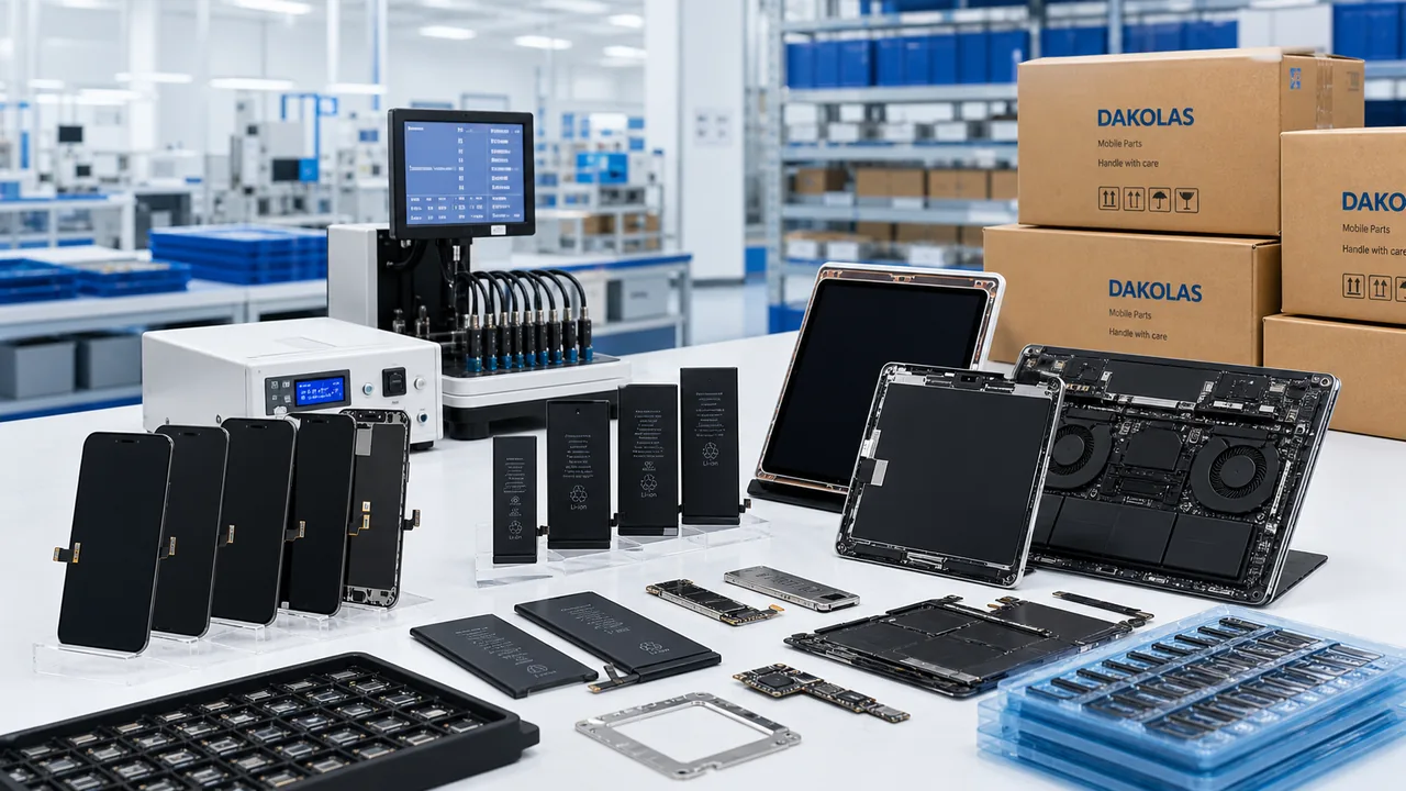 DAKOLAS mobile parts, screens, batteries, testing equipment, and export cartons